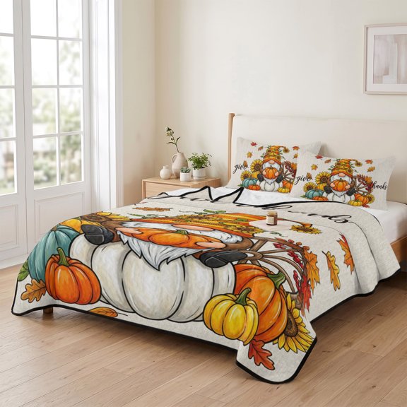king Quilt Bedding Set, Thanksgiving Pumpkin Dwarf Maple Leaf Sunflower Lightweight Coverlet Summer Comforter Set Soft Microfiber Bedspread, Cartoon Style 3 Piece Quilt Set with 2 Pillow Shams