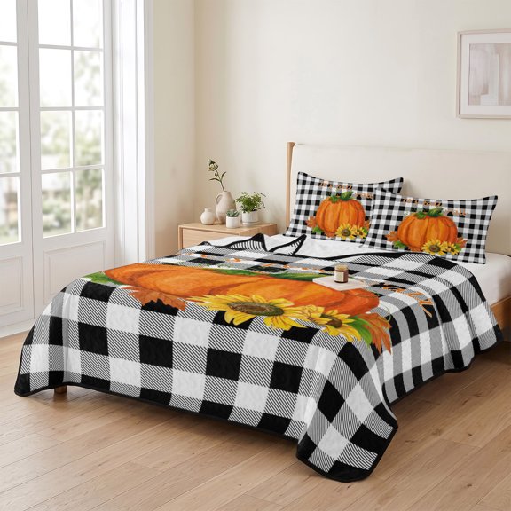 king Quilt Bedding Set, Thanksgiving Pumpkin Plaid Lightweight Coverlet Summer Comforter Set Soft Microfiber Bedspread, Black White Orange 3 Piece Quilt Set with 2 Pillow Shams All Seasons Use