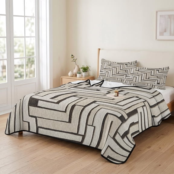 king Quilt Bedding Set, Track Abstract Geometric Lightweight Coverlet Summer Comforter Set Soft Microfiber Bedspread, Industrial Modern Style 3 Piece Quilt Set with 2 Pillow Shams All Seasons Use