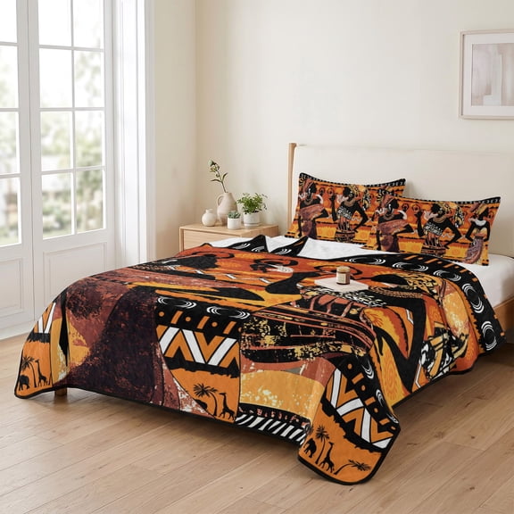 king Quilt Bedding Set, Tradition African Women Lightweight Coverlet Summer Comforter Set Soft Microfiber Bedspread, Classic Ethnic Style Art 3 Piece Quilt Set with 2 Pillow Shams All Seasons Use