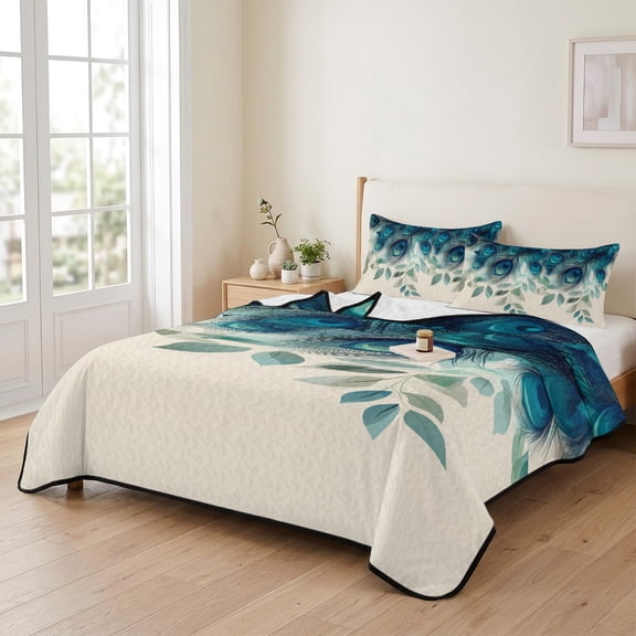 king Quilt Bedding Set, Tropical Peacock Feathers Lightweight Coverlet Summer Comforter Set Soft Microfiber Bedspread, Classic Gradient Teal Pattern 3 Piece Quilt Set with 2 Pillow Shams