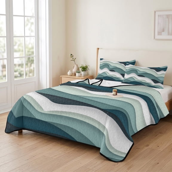 king Quilt Bedding Set, Turquoise Teal Ocean Waves Lightweight Coverlet Summer Comforter Set Soft Microfiber Bedspread, Gradient Spray 3 Piece Quilt Set with 2 Pillow Shams All Seasons Use
