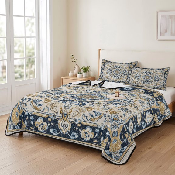 king Quilt Bedding Set, Vintage Ethnic Tribal Flower Texture Lightweight Coverlet Summer Comforter Set Soft Microfiber Bedspread, Classic Retro Floral Art 3 Piece Quilt Set with 2 Pillow Shams