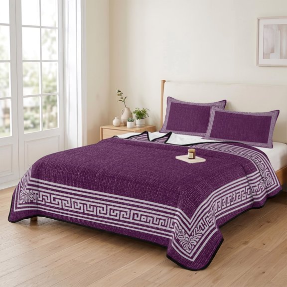 king Quilt Bedding Set, Vintage Greece Trial Style Lightweight Coverlet Summer Comforter Set Soft Microfiber Bedspread, White Purple Linen Texture 3 Piece Quilt Set with 2 Pillow Shams