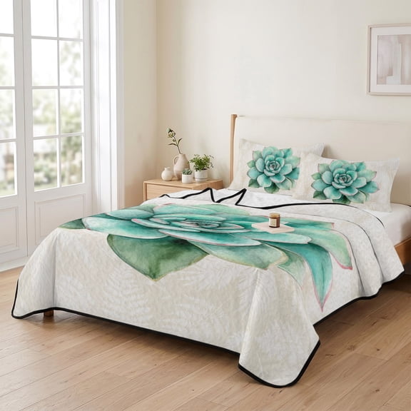 king Quilt Bedding Set, Vintage Green Succulents Lightweight Coverlet Summer Comforter Set Soft Microfiber Bedspread, Watercolor Country Plant 3 Piece Quilt Set with 2 Pillow Shams All Seasons Use
