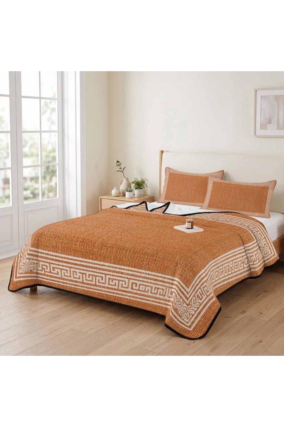 king Quilt Bedding Set, Vintage Inspired Key Design Orange Lightweight Coverlet Summer Comforter Set Soft Microfiber Bedspread, Geometric Twist Stripe 3 Piece Quilt Set with 2 Pillow Shams
