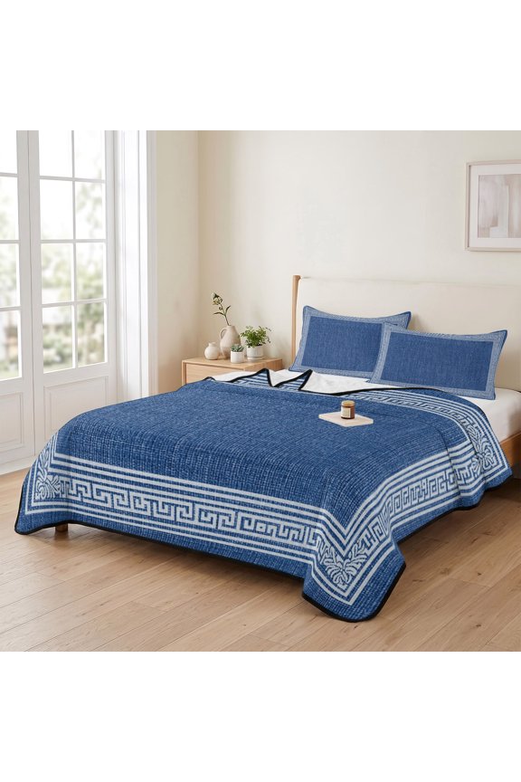 king Quilt Bedding Set, Vintage Key Design Navy Blue Lightweight Coverlet Summer Comforter Set Soft Microfiber Bedspread, Greece Inspired Stripe 3 Piece Quilt Set with 2 Pillow Shams All Seasons Use