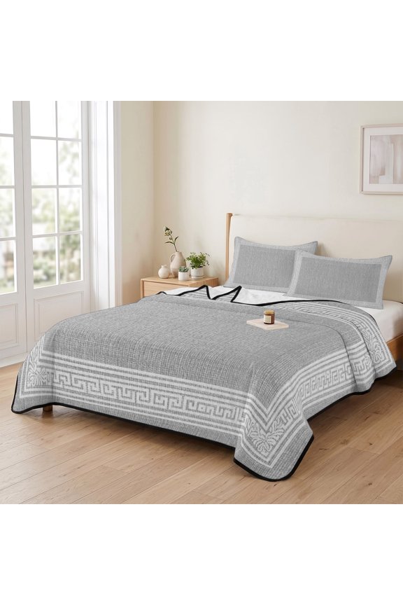 king Quilt Bedding Set, Vintage Key Pattern Grey Linen Lightweight Coverlet Summer Comforter Set Soft Microfiber Bedspread, Abstract Square Texture 3 Piece Quilt Set with 2 Pillow Shams