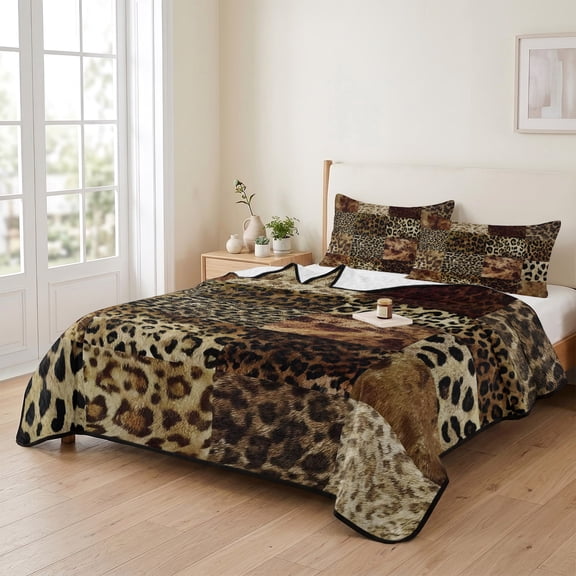 king Quilt Bedding Set, Vintage Leopard Print Lightweight Coverlet Summer Comforter Set Soft Microfiber Bedspread, Abstract Splicing Art 3 Piece Quilt Set with 2 Pillow Shams All Seasons Use