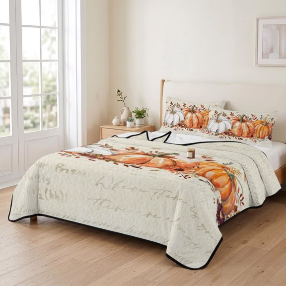king Quilt Bedding Set, Vintage Thanksgiving Pumpkin Lightweight Coverlet Summer Comforter Set Soft Microfiber Bedspread, Autumn Leaves on Letter 3 Piece Quilt Set with 2 Pillow Shams All Seasons Use