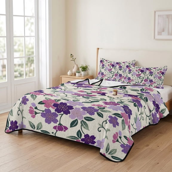 king Quilt Bedding Set, Watercolor Country Flowers Lightweight Coverlet Summer Comforter Set Soft Microfiber Bedspread, Plum Blossoms on Linen 3 Piece Quilt Set with 2 Pillow Shams All Seasons Use