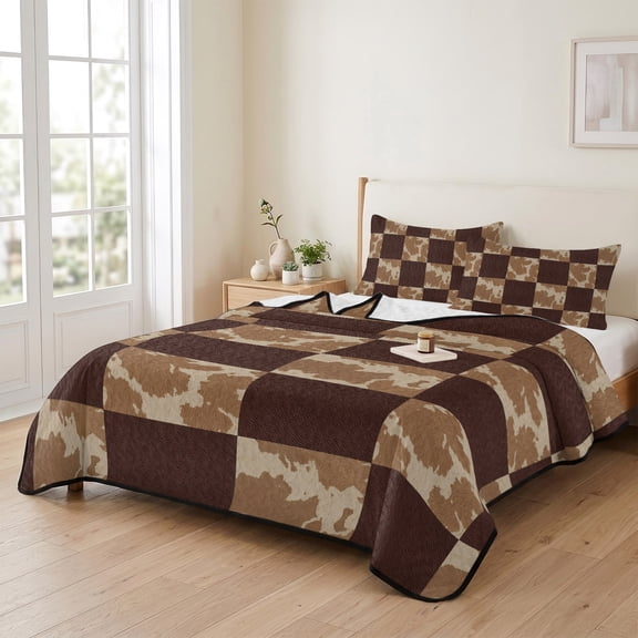 king Quilt Bedding Set, Western Cowboy Style Plaid Lightweight Coverlet Summer Comforter Set Soft Microfiber Bedspread, Retro Geometric Check 3 Piece Quilt Set with 2 Pillow Shams All Seasons Use