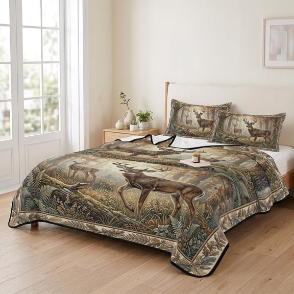 king Quilt Bedding Set, Wild Elk Deer Natural Forest Scene Lightweight Coverlet Summer Comforter Set Soft Microfiber Bedspread, Botanical Leaves Trees 3 Piece Quilt Set with 2 Pillow Shams