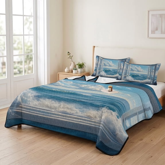 king Quilt Bedding Set, Window Blue Sky Sea Wave Nautical Lightweight Coverlet Summer Comforter Set Soft Microfiber Bedspread, Coastal Ocean 3 Piece Quilt Set with 2 Pillow Shams All Seasons Use