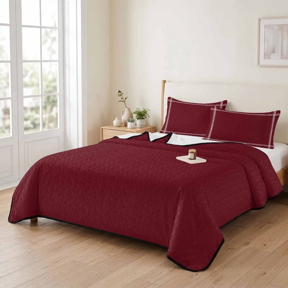king Quilt Bedding Set, Wine Red Dark Maroon Lightweight Coverlet Summer Comforter Set Soft Microfiber Bedspread, Burgundy Red 3 Piece Quilt Set with 2 Pillow Shams All Seasons Use