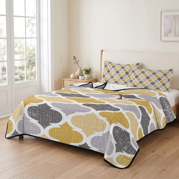 king Quilt Bedding Set, Yellow Grey Retro Moroccan Pattern Lightweight Coverlet Summer Comforter Set Soft Microfiber Bedspread, Abstract Geometric Art 3 Piece Quilt Set with 2 Pillow Shams