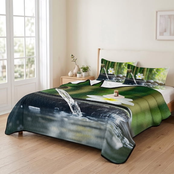 king Quilt Bedding Set, Zen Meditation Plumeria Flower Lightweight Coverlet Summer Comforter Set Soft Microfiber Bedspread, Flowing Water Forest 3 Piece Quilt Set with 2 Pillow Shams All Seasons Use
