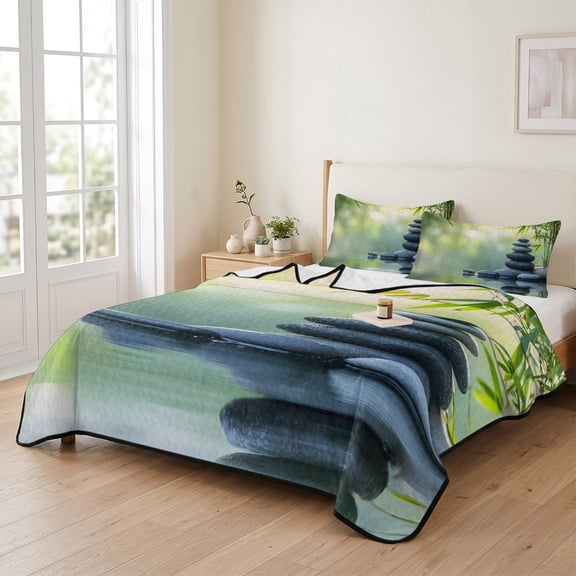king Quilt Bedding Set, Zen Meditation Stone Lake Lightweight Coverlet Summer Comforter Set Soft Microfiber Bedspread, Nature Landscape Still Life 3 Piece Quilt Set with 2 Pillow Shams