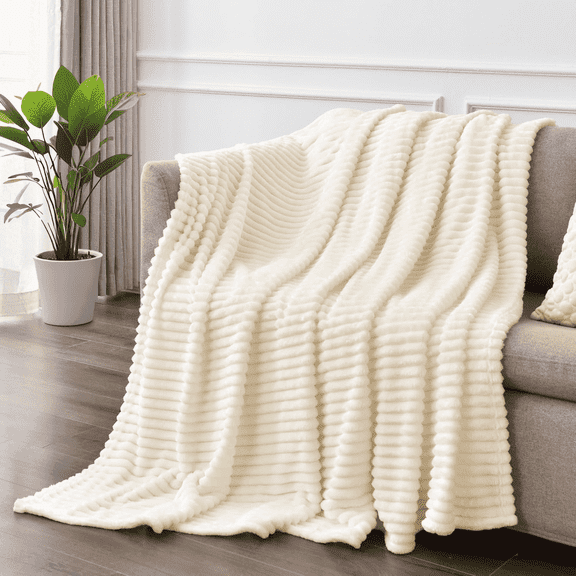King Size Blanket, 230GSM Extra Soft Lightweight Bed Blanket with Strip , Plush Fuzzy Cozy Throws for Couch, Bed, Sofa Cozy, Warm and Breathable, 90x108" Beige