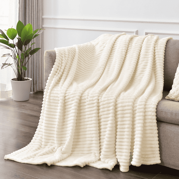 King Size Blanket, 230GSM Extra Soft Lightweight Bed Blanket with Strip , Plush Fuzzy Cozy Throws for Couch, Bed, Sofa Cozy, Warm and Breathable, 90x108" Beige