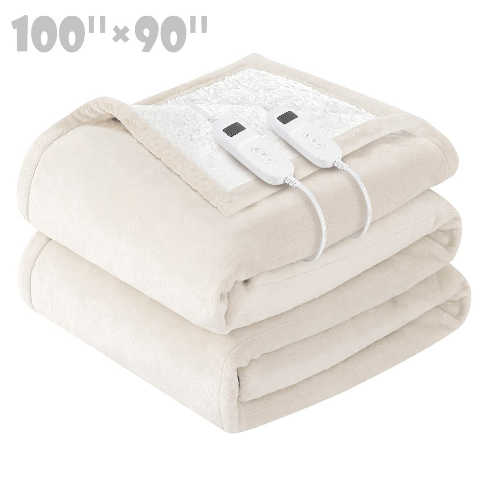 COWIN Electric Blanket King Size,Flannel and Shu velveteen Heated Blanket with 10 Heating Levels & 1-8 Hours Auto Shut Off, Machine Washable, Beige, 100" x 90"