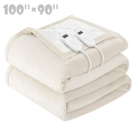 COWIN Electric Blanket King Size,Flannel and Shu velveteen Heated Blanket with 10 Heating Levels & 1-8 Hours Auto Shut Off, Machine Washable, Beige, 100" x 90"