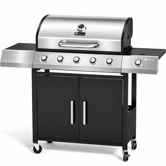KingChii 5-Burner Propane Gas Grill with Side Burner and Side Table, Stainless Steel Outdoor BBQ Grill for Camping Patio Cooking