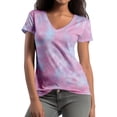 thumbnail image 1 of kingque Women Floral and Tie-Dye Print V Neck Short Sleeve Casual T-Shirt 2XS-8XL, 1 of 5