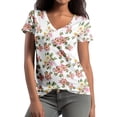 thumbnail image 1 of kingque Womens Floral Prints V Neck Short Sleeve T-Shirt Print Casual Tee Loose Shirts Tops 2XS-8XL, 1 of 5