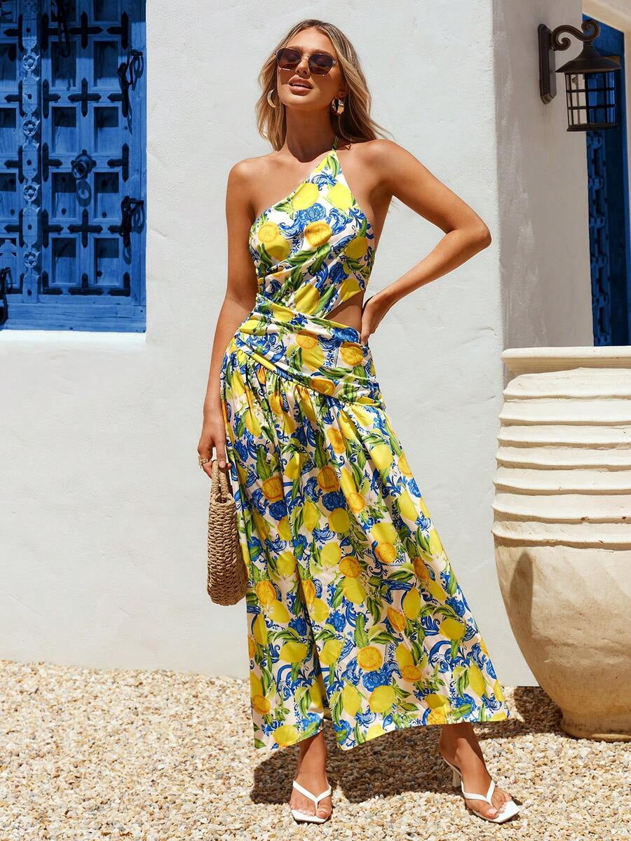 Kirablend Soleil Lemon-Print Halter Open-Back Maxi Dress