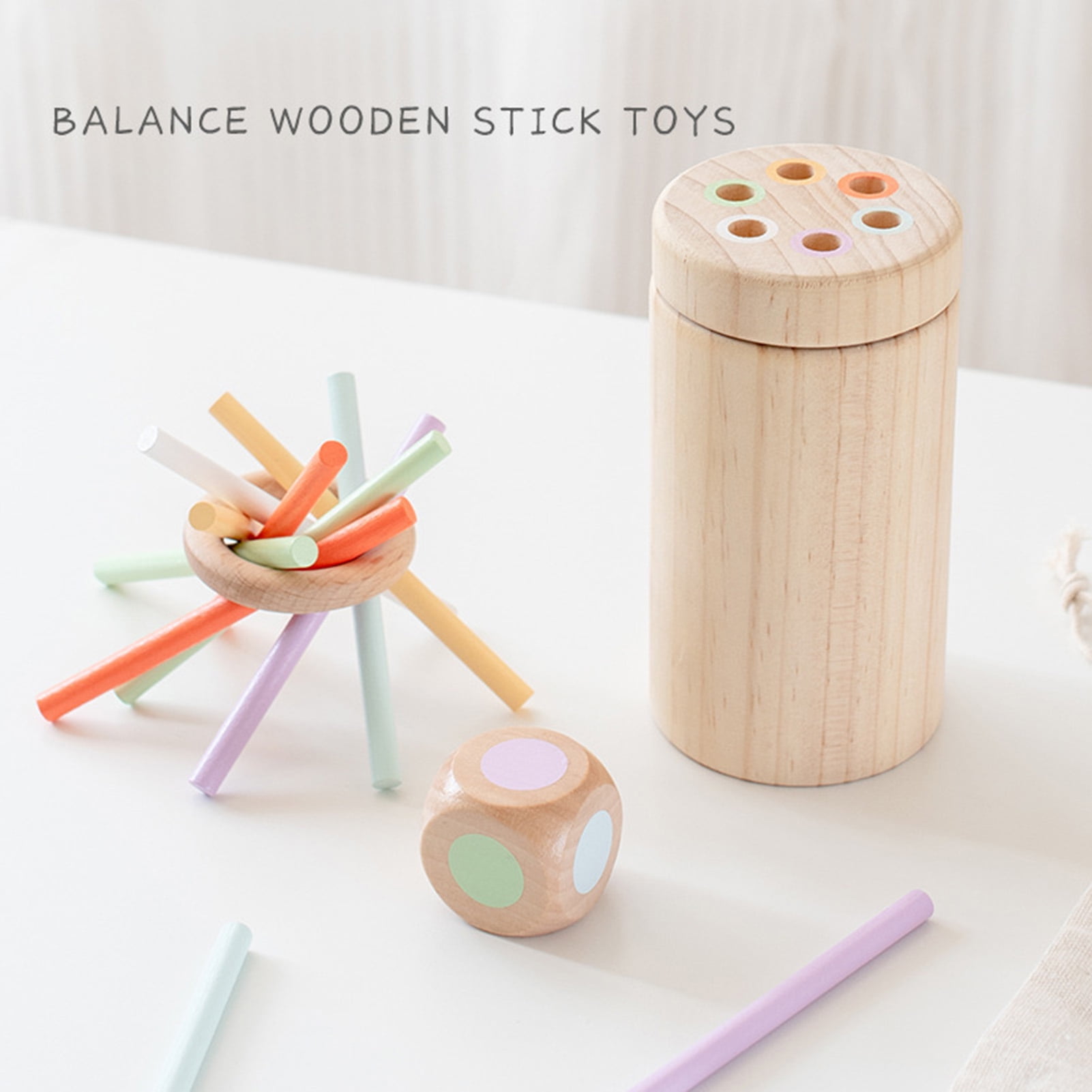 kiskick 1 Set Wood Stick Balancing Toy, Hole Lid Container Ring Dice, Toddlers Fine Motor Skills