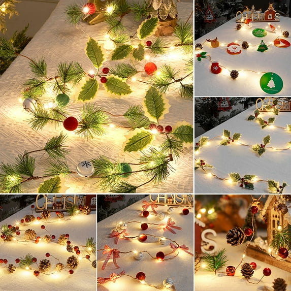 kiskick Battery Operated Christmas String Light, Pineneedle Pinecone Red Berries Pompoms Mushroom Santa Claus Card Window Dressing, Xmas Party Tree Hanging Pendant Party Supplies