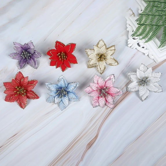 kiskick Bright Color Artificial Christmas Flower Set - 10 Pcs/Set, Increase Atmosphere Decorative Realistic Looking Shiny Surface Christmas Decoration, Reusable Glitter Simulation Flower for Christmas