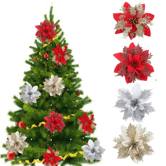 kiskick Bright Color Artificial Christmas Flower Set - Increase Atmosphere Decorative, Christmas Decoration 3 Dimension Contrast Color Glitter Simulation Flower for Christmas (2 Pcs/Set)