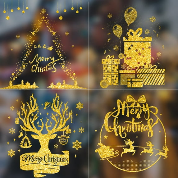 kiskick Christmas Window Stickers, Cute PVC Golden Glitter Snowman Elk Snowflake Decal DIY Decoration, Removable Wall Door Stickers, Christmas Party Decoration Holiday Supplies