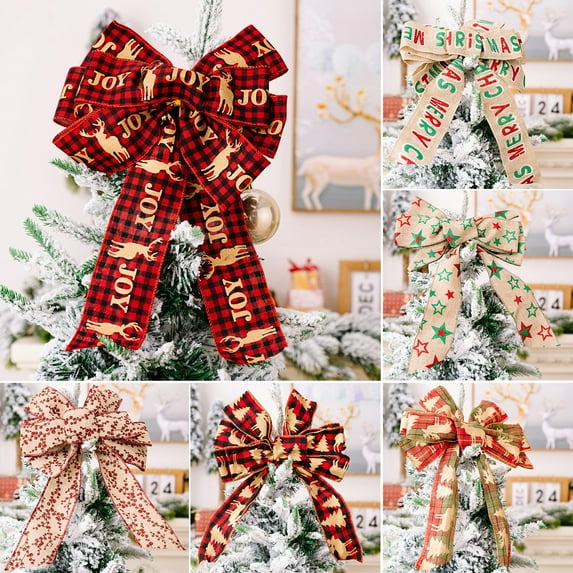 kiskick Multi-pattern Reusable Christmas Ribbon Bowknot - Wired Thicker Anti-fade DIY Scene Layout, Large Size Xmas Tree Wreath Bow Pendant for Party
