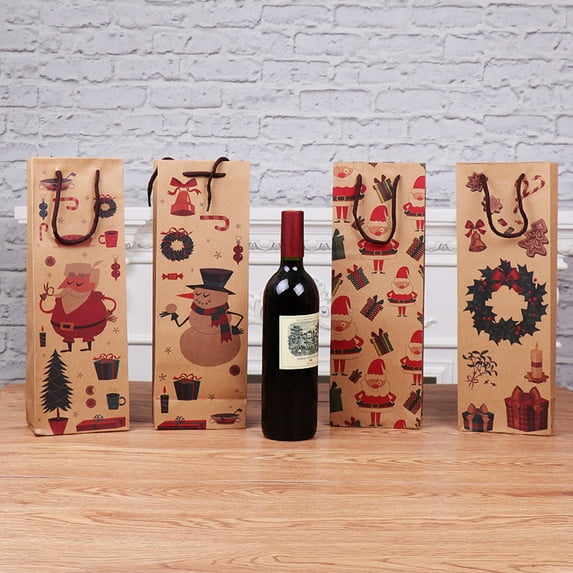 kiskick Printed Christmas Pattern Kraft Paper Bag - Cartoon Handle Design Rectangular Storage Reusable Christmas Red Wine Bottle Bag for Festival