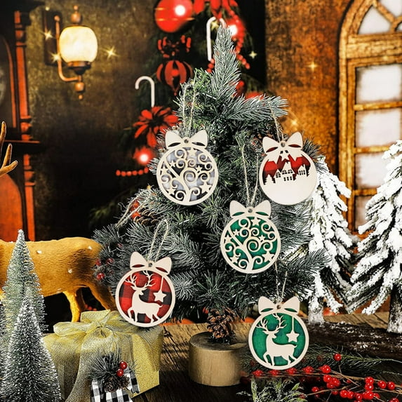 kiskick Various Cute Christmas Tree Pendant: Elk, Star, House Hollow Out Hanging Ornament - Round Wooden Pendant Christmas Drop Ornament - Holiday Supplies