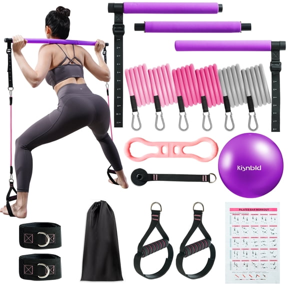 kisnbld Pilates Bar Kit, Portable Pilates Bar with Small Exercise ball & 3 Set of Resistance Bands, Exercise Equipment for Women Home Gym Yoga Workout