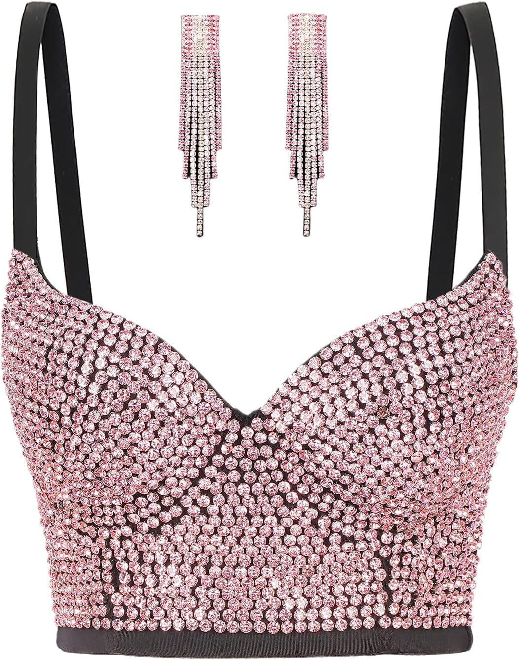 kiss Women's Sparkle Rhinestone Push up Bra Clubwear Bustier Crop Top Bra with Rhinestone Dangle