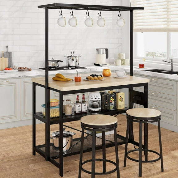 kitchen Island, Bakers Rack, Island Table for Kitchen,3 Tier Microwave Stand Oven Shelf with Storage,Large Coffee Bar Table, Storage Shelf for Kitchen Dining Room Living Room,5 Hooks