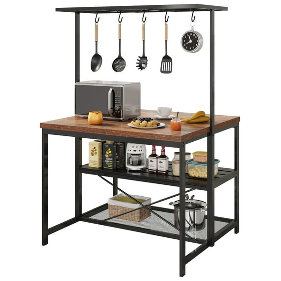 kitchen Island, Bakers Rack, Island Table for Kitchen,3 Tier Microwave Stand Oven Shelf with Storage,Large Coffee Bar Table, Storage Shelf for Kitchen Dining Room Living Room,5 Hooks,42"*28"*72"