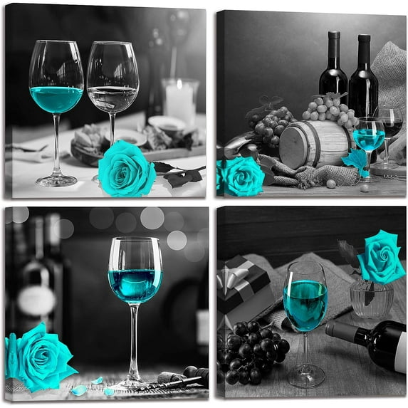 kitchen Wall-Art - Wine Wall Decor For Bedroom Women Black And White Wall Pictures Modern Art Decorations For Living Room - Teal Rose Artwork - Gray Cask Canvas 14x14 Inches x4 Framed