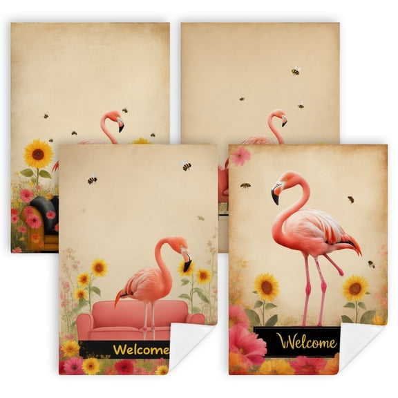 kitchen towels summer A pink flamingo standing on top of a couch in a field of flowers cottage kitchen 4 Piece Set 16x24" cottage core kitchen decor