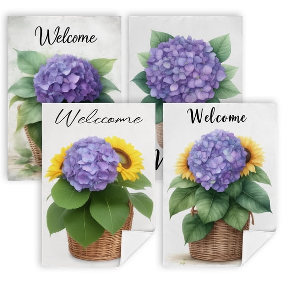 kitchen towels summer A welcome sign with a purple hydrangea in a basket kitchen tea towels Set of 4 16x24 Inch decoración de cocina