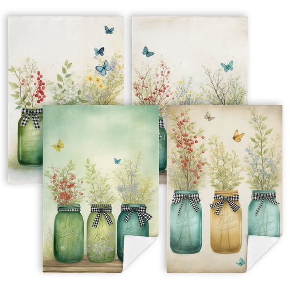kitchen towels summer Three mason jars with flowers and butterflies in them cute hand towels for kitchen Pack of 4 16 x 24 Inches cottage core home