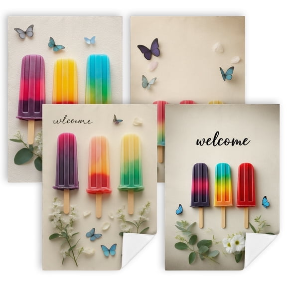 kitchen towels summer Three popsicles sitting on top of a table next to flowers and butterflies hand towel kitchen 4 Pieces 16" x 24" cottage core kitchen decor