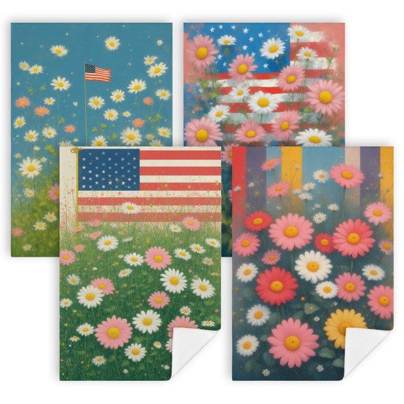 kitchen towels summer A painting of a field of daisies with an American flag in the middle seasonal kitchen towel 4 Piece Set 16x24" toallas de cocina decorativas