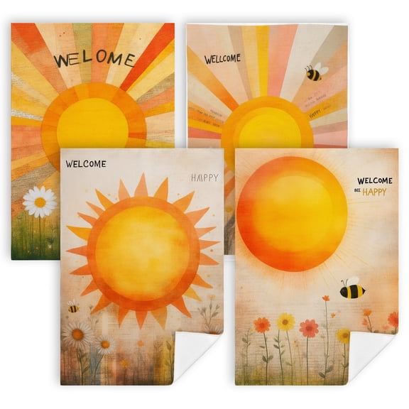 kitchen towels summer theme A welcome sign with daisies in front of a sun summer bathroom set Set of 4 16x24 in cottage core kitchen decor
