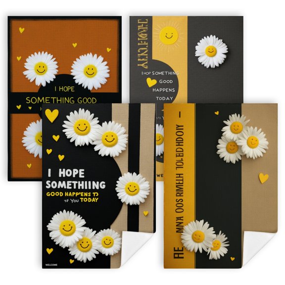 kitchen towels summer theme Three white daisies with smiley faces on an orange background dish cloth 4 Pack 16"x24" decor kitchen